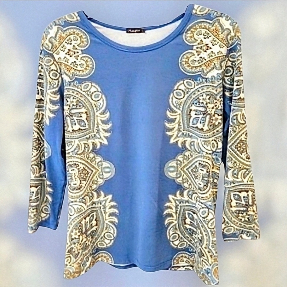 J.Mclaughlin Catalina Cloth 3/4 Sleeve Paisley Scroll, Floral Blue & Cream - Picture 4 of 7